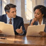 Conceptual painting of two lawyers comparing legal remedy folders.
