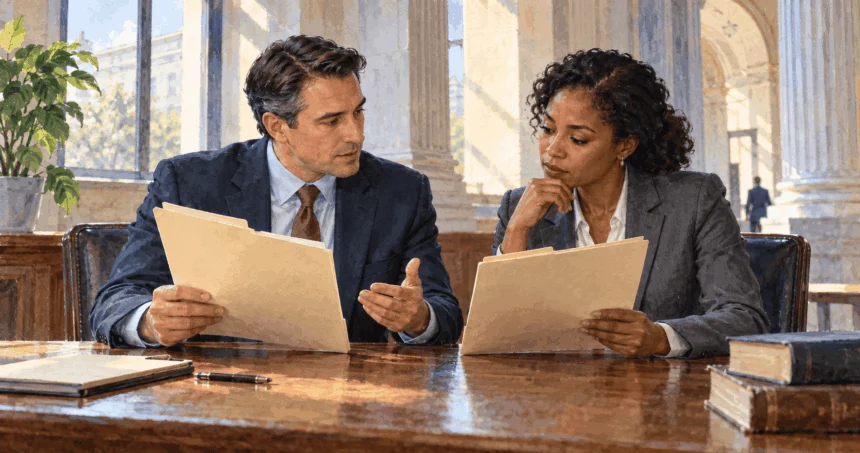 Conceptual painting of two lawyers comparing legal remedy folders.