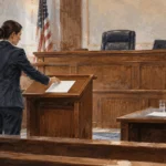 Conceptual painting of an attorney placing a blank document on a courtroom lectern as another person listens.