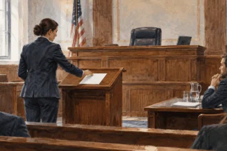 Conceptual painting of an attorney placing a blank document on a courtroom lectern as another person listens.