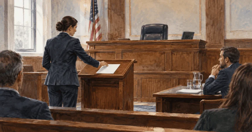 Conceptual painting of an attorney placing a blank document on a courtroom lectern as another person listens.