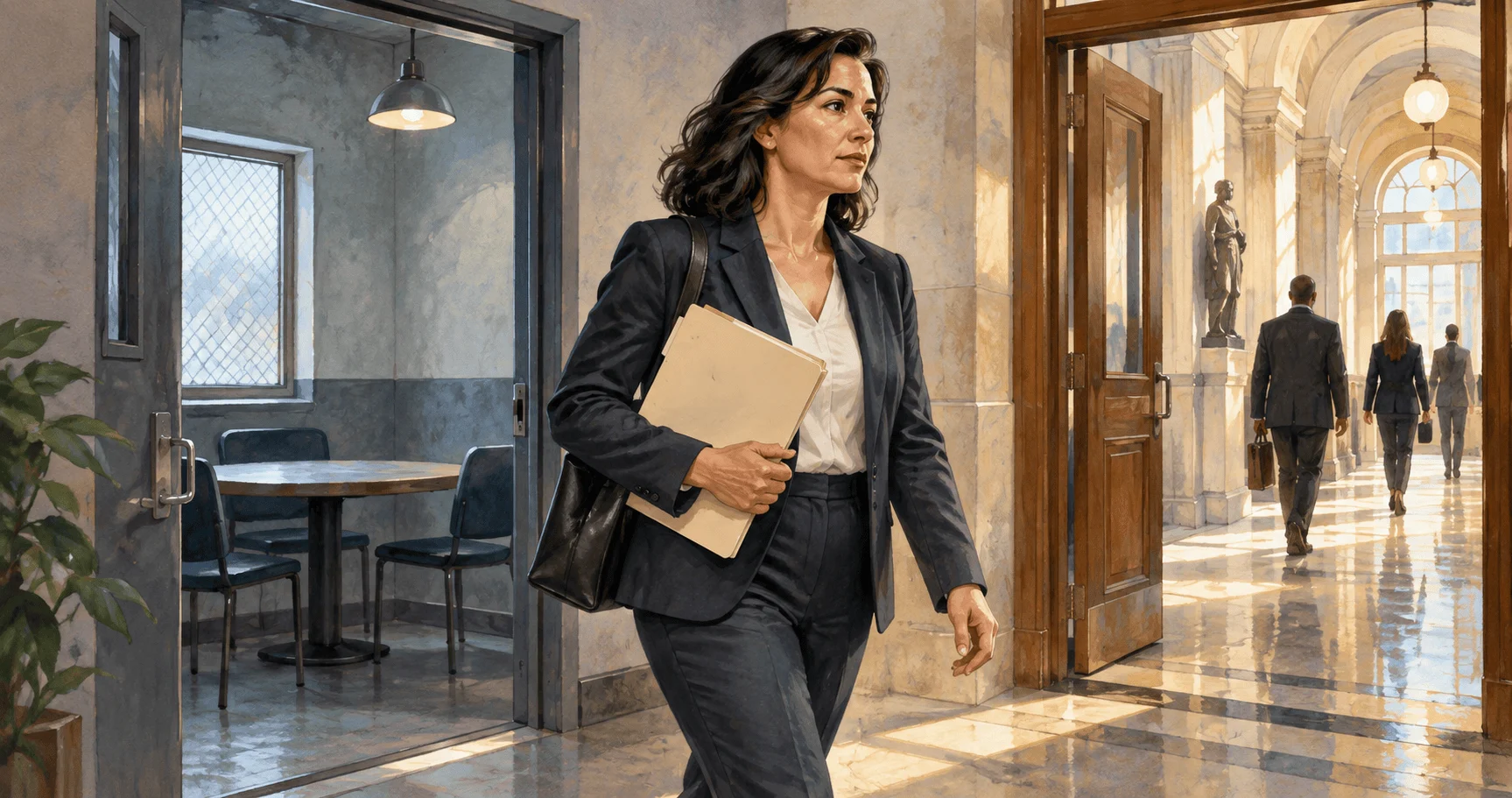 Conceptual painting of an attorney moving from a detention visiting room toward court.