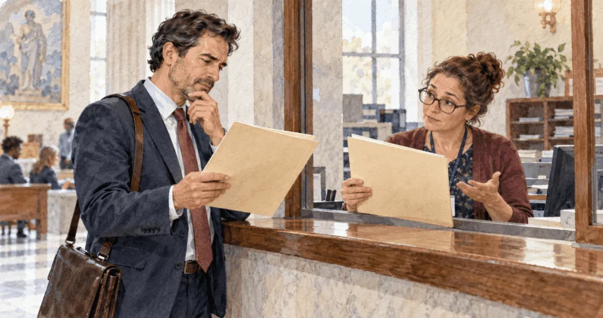 Conceptual painting of a lawyer and clerk discussing whether a court will hear a case.