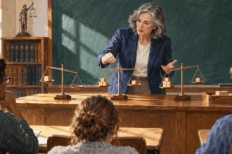 Conceptual painting of a law teacher comparing three standards of proof with balance scales.