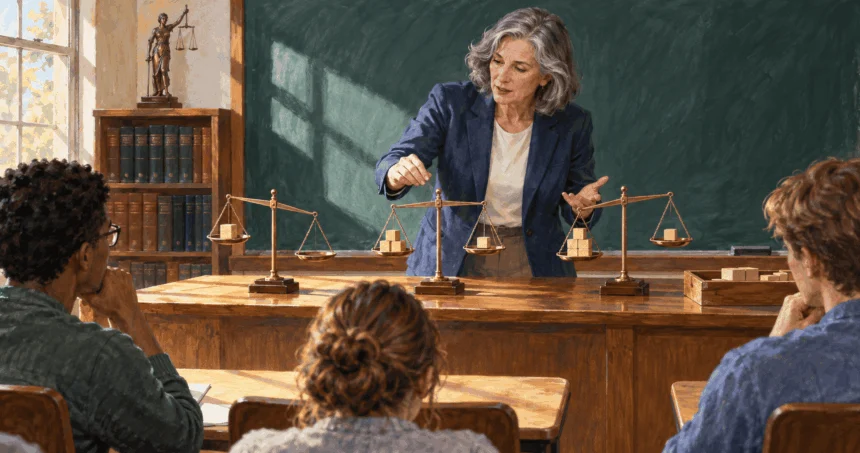 Conceptual painting of a law teacher comparing three standards of proof with balance scales.