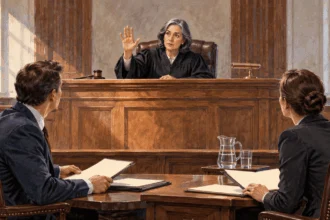 Conceptual painting of a judge pausing proceedings as lawyers listen.