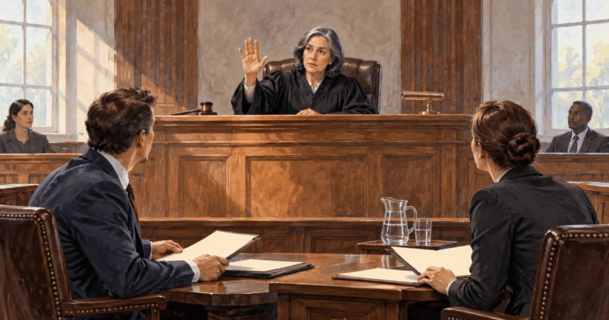 Conceptual painting of a judge pausing proceedings as lawyers listen.