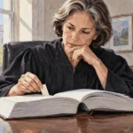 Painted illustration of a judge reviewing a bound case record at a desk.