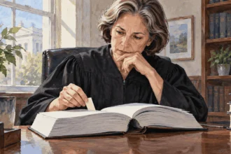 Painted illustration of a judge reviewing a bound case record at a desk.