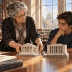 Conceptual watercolor of a historian comparing two small courthouse models with a student.