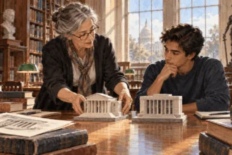 Conceptual watercolor of a historian comparing two small courthouse models with a student.