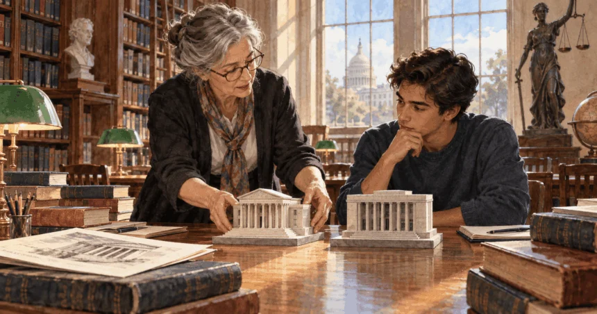 Conceptual watercolor of a historian comparing two small courthouse models with a student.
