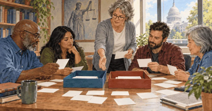 Painted illustration of civic instructor helping adults sort blank cards into two trays.