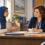 Painted scene of a person discussing a religious accommodation with a school administrator.