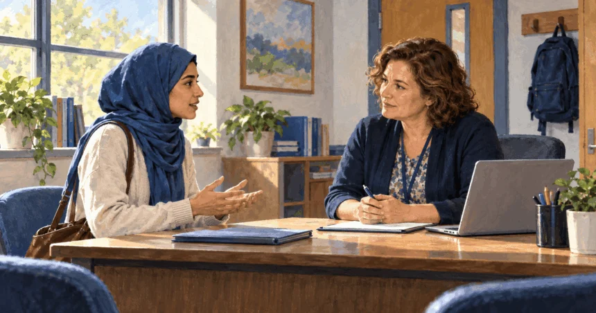 Painted scene of a person discussing a religious accommodation with a school administrator.