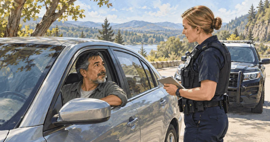 Painted illustration of driver and officer speak calmly beside parked car in daylight.
