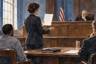 Conceptual painting of a public defender presenting a financial notice during a court hearing.