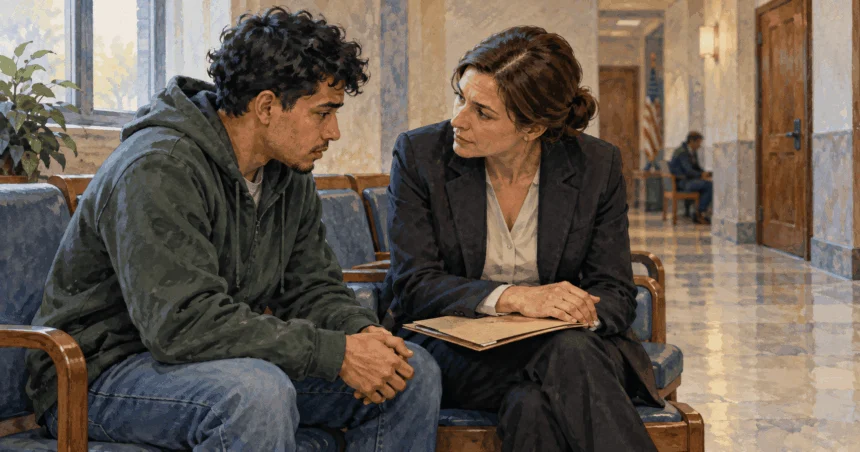 Conceptual painting of a defense lawyer speaking with a client in a courthouse hallway.