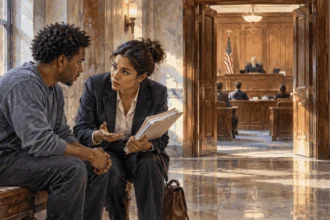 Painted illustration of a lawyer speaking with a client outside a courtroom before a sentencing hearing.