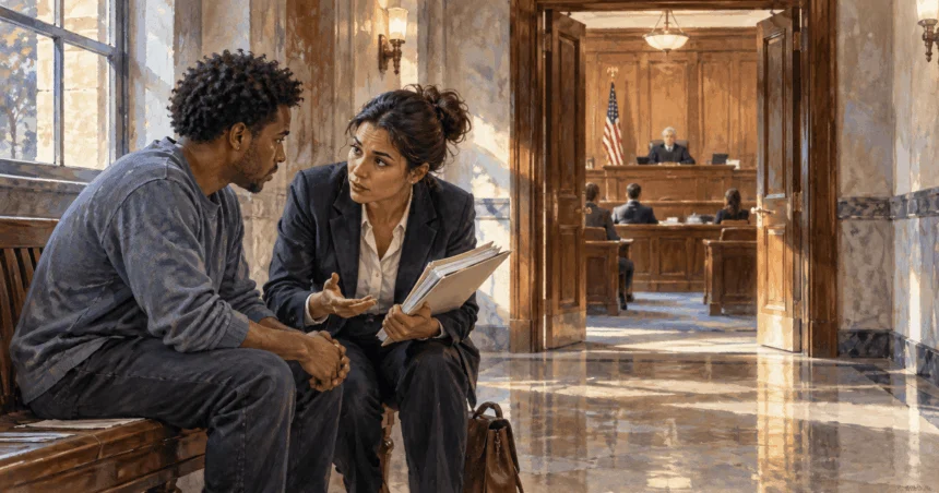 Painted illustration of a lawyer speaking with a client outside a courtroom before a sentencing hearing.