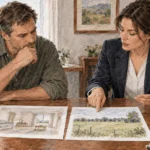 Conceptual painting of a lawyer explaining different search settings to a property owner.