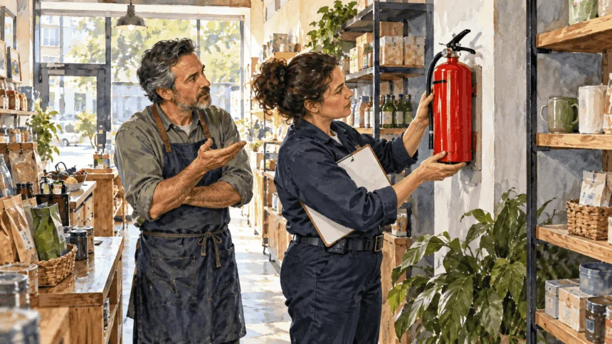 Painted illustration of a fire-safety inspector examining equipment with a shop owner.