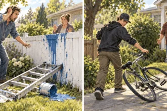 Painted paired scenes contrasting an accidental spill with a deliberate act of property damage.