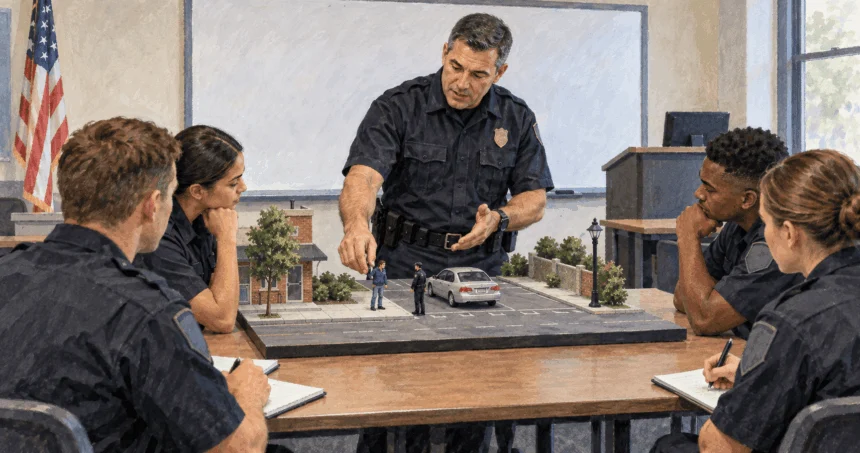 Police instructor explaining stop and arrest rules to trainees.