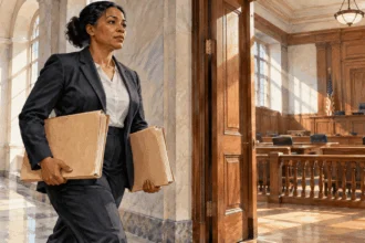 Conceptual painting of a court clerk carrying two closed folders toward an empty courtroom.
