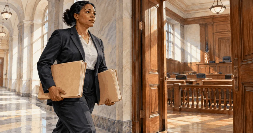 Conceptual painting of a court clerk carrying two closed folders toward an empty courtroom.
