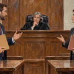 Painted illustration of lawyers presenting folders as a judge considers an evidence question.
