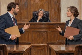 Painted illustration of lawyers presenting folders as a judge considers an evidence question.