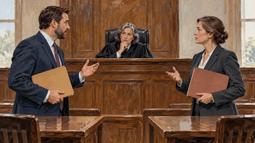 Painted illustration of lawyers presenting folders as a judge considers an evidence question.