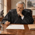Conceptual painting of a judge reviewing guidance and individual circumstances before sentencing.