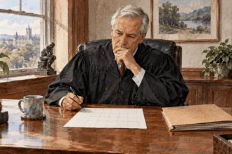 Conceptual painting of a judge reviewing guidance and individual circumstances before sentencing.