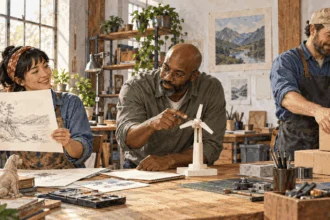 Painted illustration of artist, inventor and shop owner discussing different creations in a maker studio.