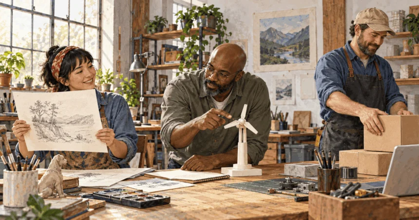 Painted illustration of artist, inventor and shop owner discussing different creations in a maker studio.