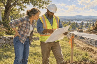 Painted illustration of a homeowner reviewing a road construction plan beside work approaching her property.
