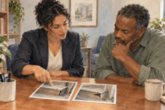 Conceptual painting of a legal-aid adviser and client reviewing photographs of a damaged step.