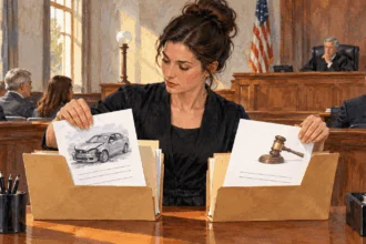 Painted illustration of a clerk sorting two civil-case folders in a courtroom, one with a damaged car image and one with a judge's gavel image.