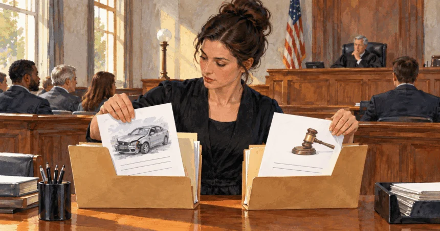 Painted illustration of a clerk sorting two civil-case folders in a courtroom, one with a damaged car image and one with a judge's gavel image.