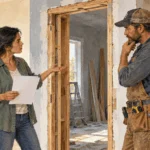 Painted homeowner and carpenter discussing an unfinished doorway and blank contract.