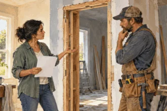 Painted homeowner and carpenter discussing an unfinished doorway and blank contract.