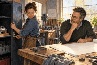 Conceptual painting of an inventor and adviser reviewing a prototype and drawing in a workshop.