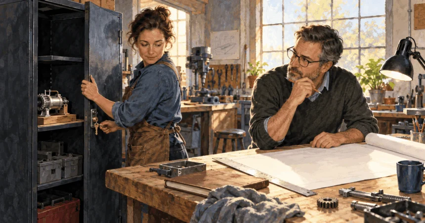 Conceptual painting of an inventor and adviser reviewing a prototype and drawing in a workshop.