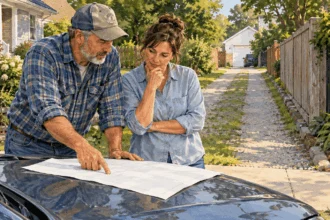 Painted illustration of two neighbors examining a property survey beside a driveway.