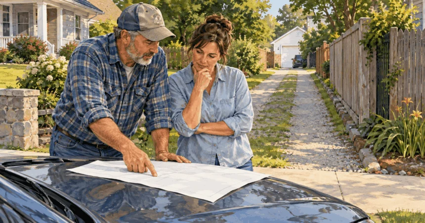 Painted illustration of two neighbors examining a property survey beside a driveway.