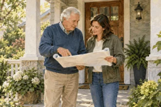 Conceptual painting of two family members discussing a house plan on a home's front porch.