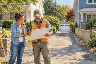 A surveyor and homeowner examine a property plan beside a shared driveway.