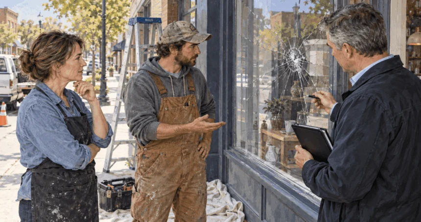 Conceptual painting of a business owner and worker examining property damage with an adjuster.